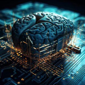 Un cerveau humain sur fond de maquette technologique, ambiance tamisée bleutée