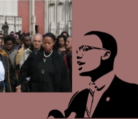 A gauche, rassemblement Commémoration Marronne, Nantes 2012, à droite illustration Malcolm X lors d'un discours public.