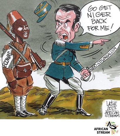 Dessin caricatural d'un militaire occidental qui donne l'ordre à un tirailleur africain de partir au front.